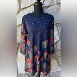 SERENGETI Tunic Top‎ Large Multicolor Knit Fall Leaf Print Gold Accents